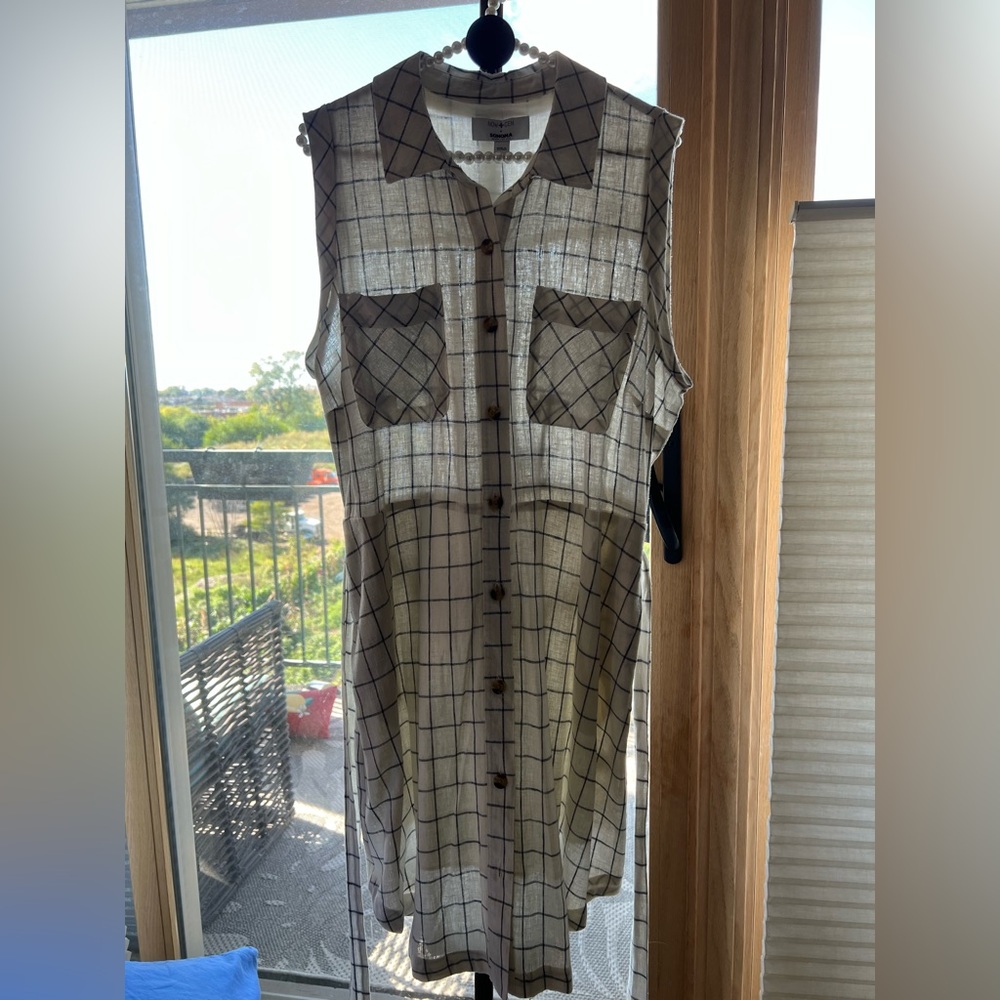 Now + Gen by Sonoma NWT Cream Color Blue Plaid Short Sleeve Dress - Size Large - Picture 12 of 12